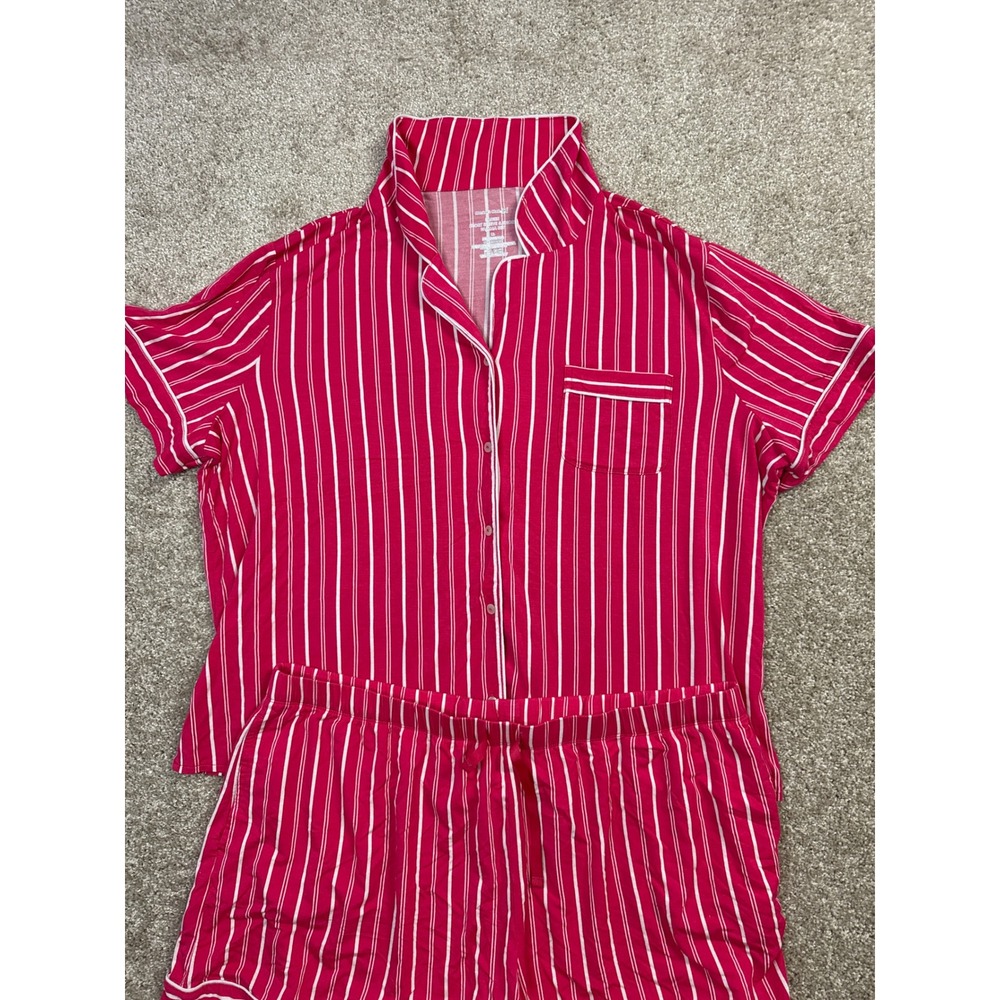 Auden Pink White Striped Pajama Set Short Sleeve Button Up Top and Shorts XL - Picture 2 of 5